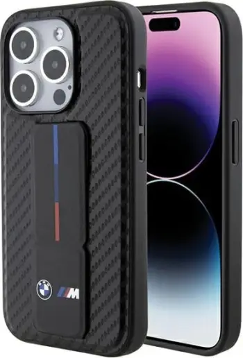 Mbështjellës BMW Grip Stand Smooth & Carbon për iPhone 15 Pro, i zi