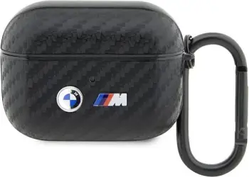 Mbështjellës BMW Carbon Double Metal Logo për AirPods 1/2, me karabiner, i zi