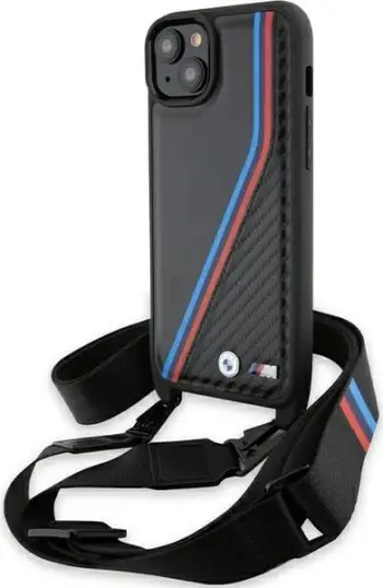 Mbështjellës BMW M Edition Carbon Tricolor Lines & Strap për iPhone 15 Pro, i zi