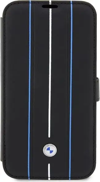 Mbështjellës BMW Leather Stamp Blue Lines për iPhone 14 Pro Max, 6.7", i zi, bookcase