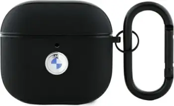 Mbështjellës BMW BMA4SSLBK për AirPods 4, lëkurë natyrale, logo argjendi, e zezë