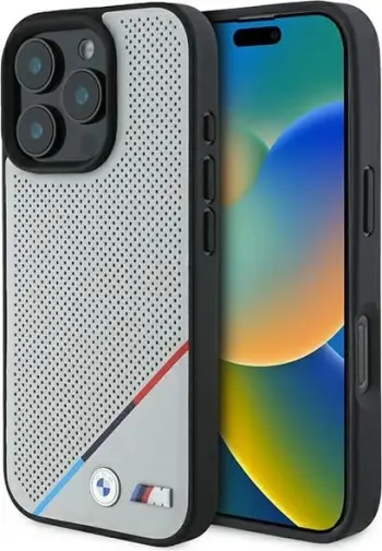 Mbështjellës BMW M Perforated Tricolor Line MagSafe për iPhone 16 Pro Max, Gri
