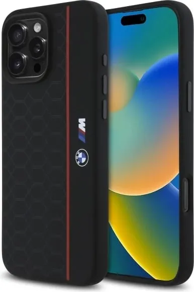Mbështjellës BMW Silicone Hexagon Red Line MagSafe për iPhone 16 Pro Max, Zi - 1
