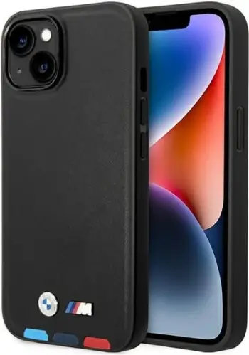 Mbulesë telefoni BMW Leather Stamp Tricolor për iPhone 14 Plus 6.7", lëkurë, e zezë