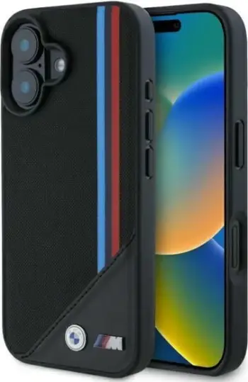 Mbështjellës BMW M Meshed Tricolor Stripes MagSafe për iPhone 16, i zi