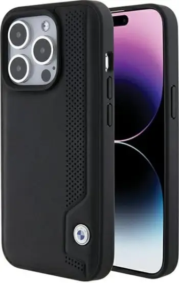 Mbështjellës BMW Leather Blue Dots për iPhone 15 Pro Max, i zi