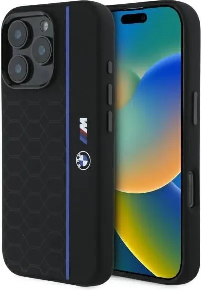Mbështjellës BMW Silicone Hexagon Blue Line MagSafe për iPhone 16 Pro Max, Zi - 1