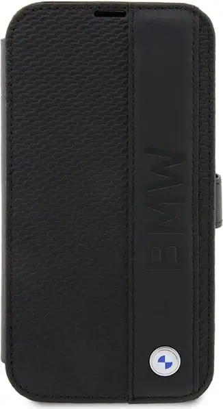 Mbështjellës BMW BMBKP14X22RDPK për iPhone 14 Pro Max 6.7", lëkurë, e zezë, bookcase