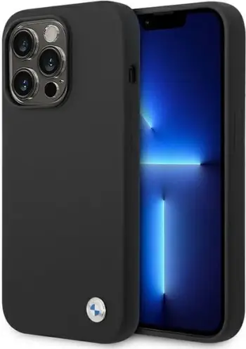 Mbulesë telefoni BMW Liquid Silicone Case Metal Logo për iPhone 14 Pro Max, silikon i lëngshëm, e zezë