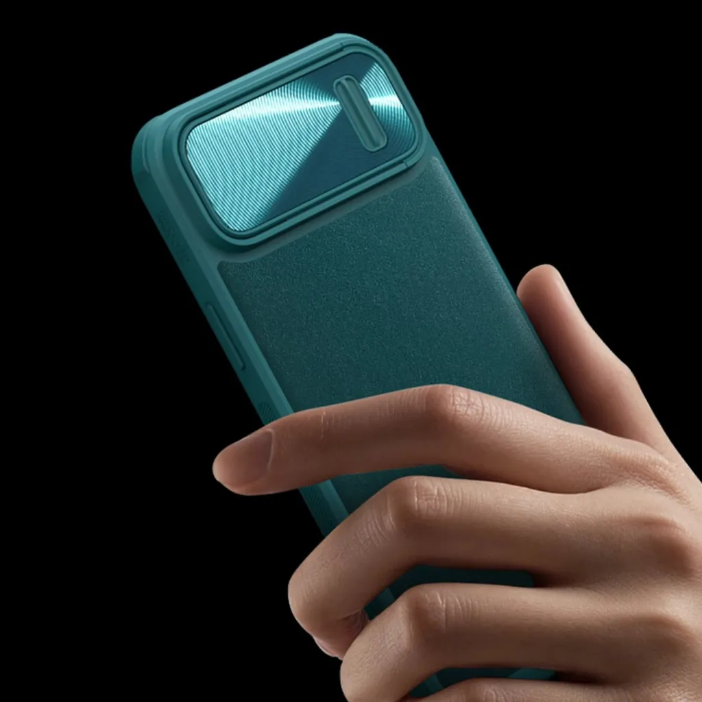 Futrollë Nillkin CamShield Leather S për Apple iPhone 14 Plus, me kapak për kamerë, e gjelbër - 9