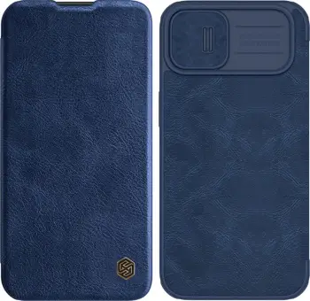 Mbështjellës Nillkin Qin Leather Pro Case për iPhone 14 Plus, me kapak dhe mbrojtje kamere, Kaltër