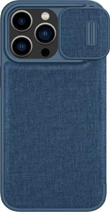 Mbështjellës Nillkin Qin Cloth Pro Case për iPhone 14 Pro Max, me kapak dhe mbulesë kamere, Blu