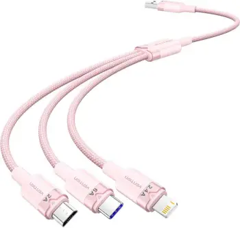 Kabllo 3-në-1 Vention CTRPG, 1.5m, USB 2.0 A në USB-C/Lightning/Micro-B, Rozë
