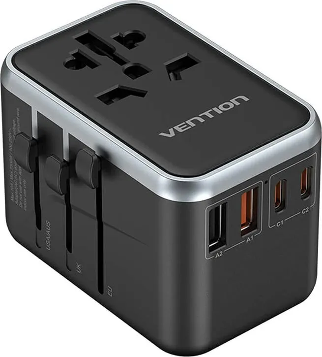 Adapter universal udhëtimi Vention FJFB0, 2x USB-C, 2x USB-A, 65W, zi - 1