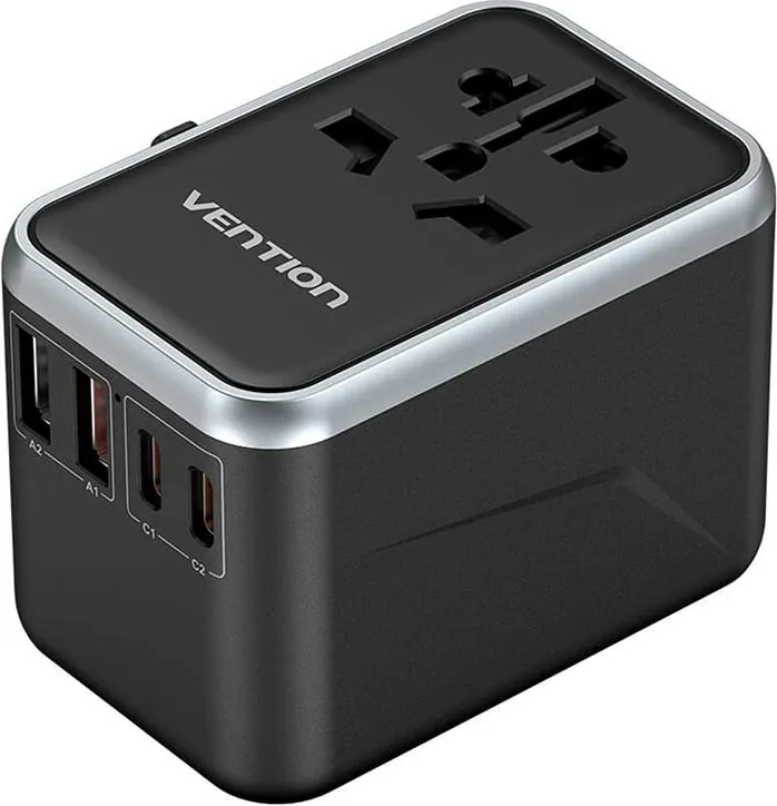 Adapter universal udhëtimi Vention FJFB0, 2x USB-C, 2x USB-A, 65W, zi - 3