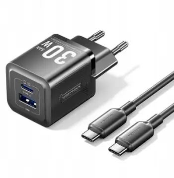 Karikues GaN Vention 2 Port USB C dhe USB A, 30W, me kabllo USB C 1m, i zi