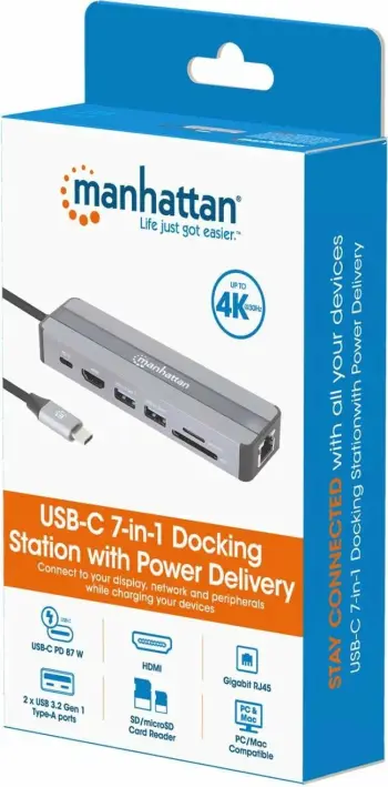 Docking station MANHATTAN 7-in-1, HDMI, RJ45, 2xUSB-A, SD/MicroSD, gri