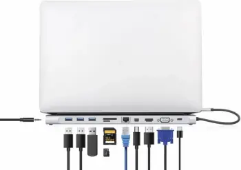 Docking station MANHATTAN USB-C 11in1 MST, për 3 monitorë, argjend