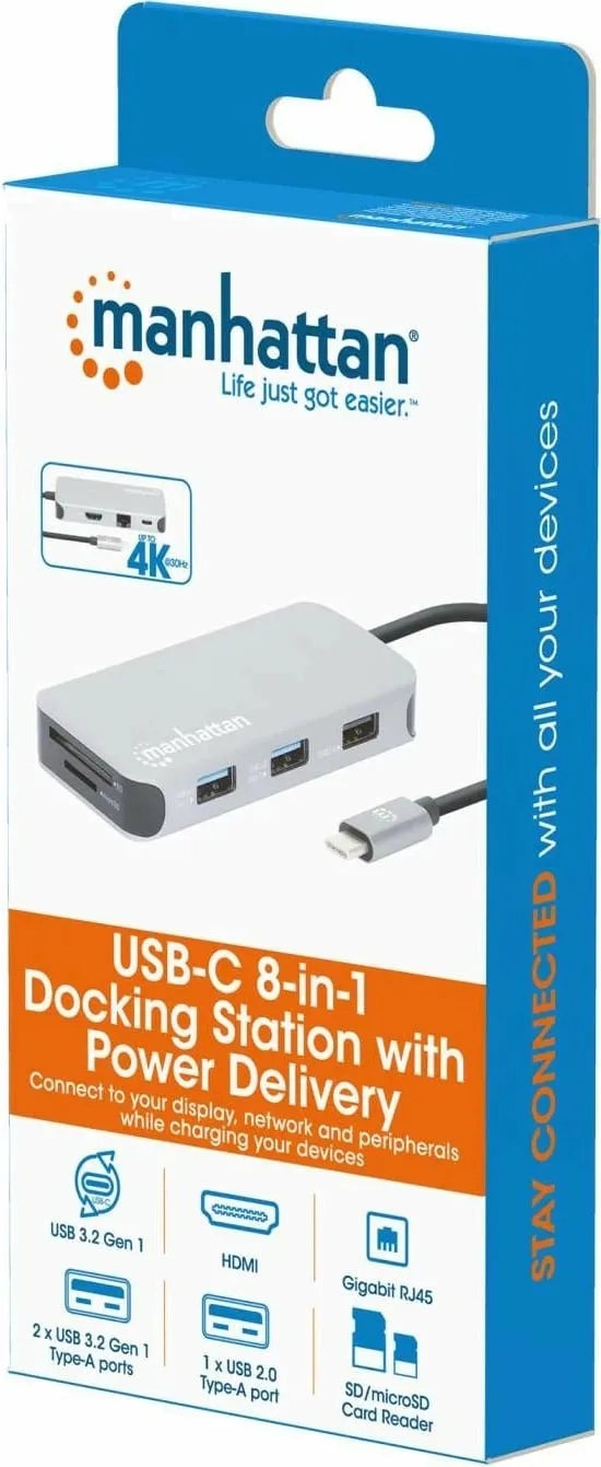 Docking station MANHATTAN USB-C 8-in-1, HDMI, RJ45, 3xUSB-A, gri - 5