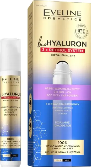 Gel roll-on për sy dhe qepalla Eveline Cosmetics BioHyaluron 3 x Retinol Anti-Wrinkle për femra, 15ml