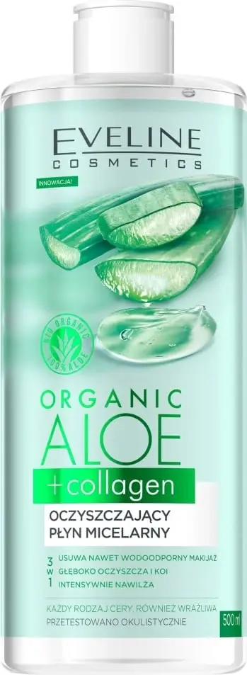 Ujë micelar pastrues Eveline Cosmetics Organic Aloe + Collagen 3-in-1 për femra 500ml