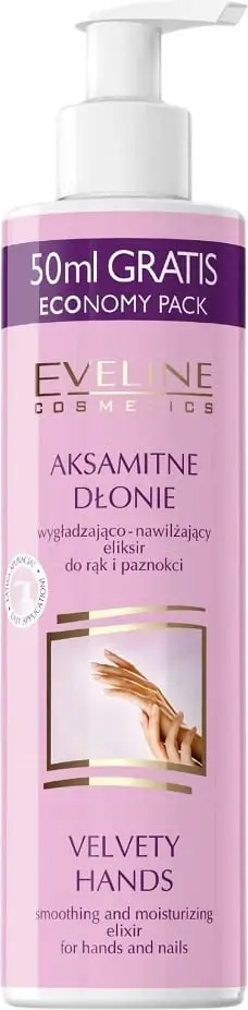 Eliksir kremoz për duar dhe thonj Eveline Cosmetics Velvety Soft Hands Smoothing and Moisturizing Hand and Nail Elixir për femra, 245ml