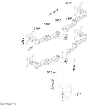 Krah monitori Neomounts FPMA-D935D4, 4 ekrane, 10-27 inç, rregullim lartësie, argjendtë