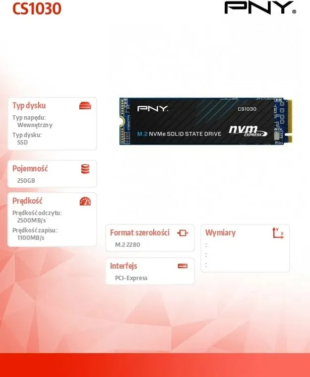 Disk SSD PNY CS1030, 250GB, M.2 2280 PCI-E x4 Gen3 NVMe - 2