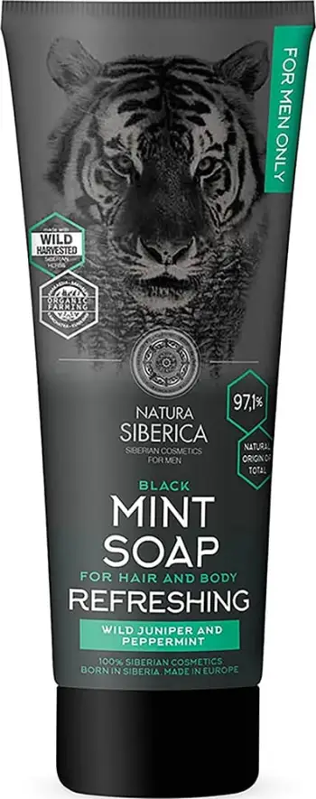 Sapun 2në1 për flokë dhe trup Natura Siberica Men Black Soap, për meshkuj, 2in1, i zi