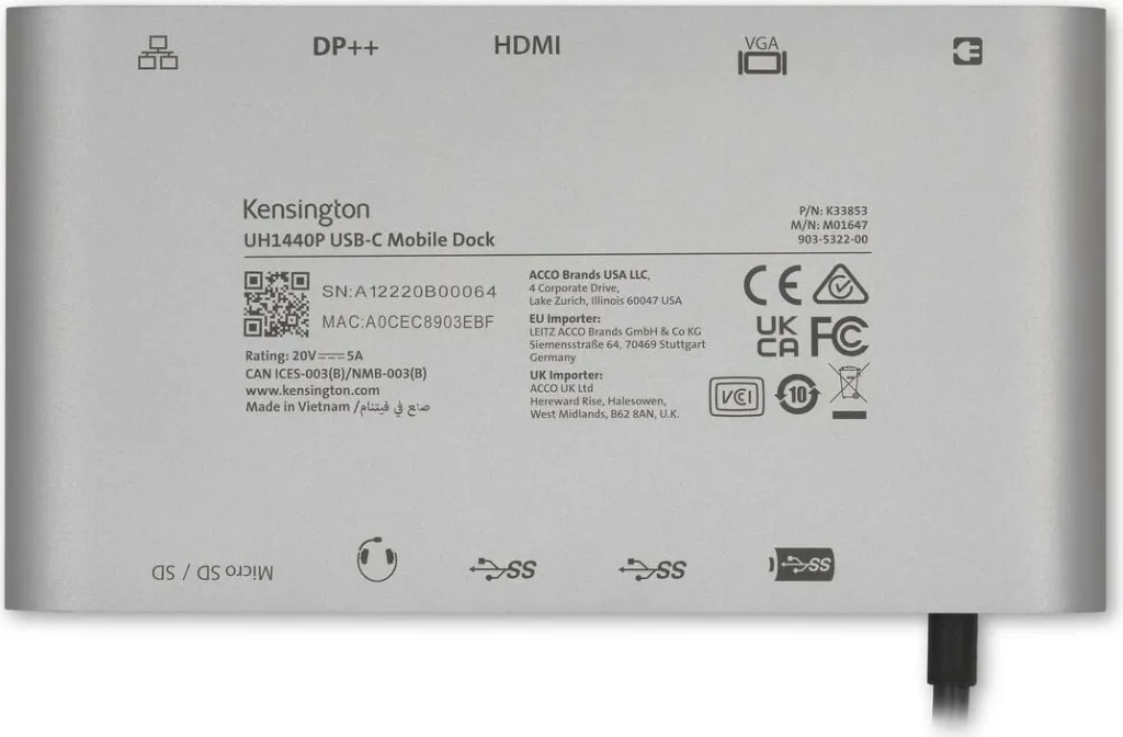 Dock USB-C Kensington UH1440P, 5Gbps, 85W, DP/HDMI/VGA, Argjendtë - 5