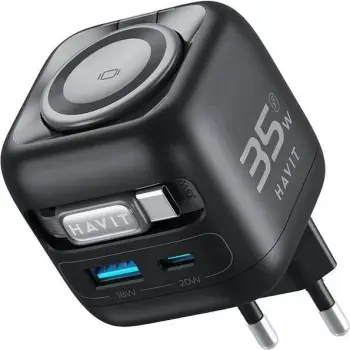 Karikues udhëtimi HAVIT UC250 A-EU GaN me kabllo të zgjatshme, 35W, i zi