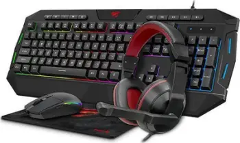 Set gaming 4-në-1 HAVIT Gamenote HV-KB501CM (tastierë USB SLO me LED, maus 6-tasta, mauspad, kufje stereo), e zezë/kuqe