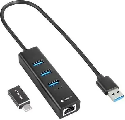 USB hub Sharkoon 3-Port USB 3.2 Gen 1 Alu Hub + Ethernet, Type-C adapter, zi - 1