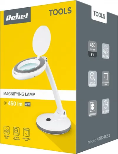 Lampë tavoline me lupë Rebel Tools NAR0462-2, 30 LED, 6W, e bardhë - 2