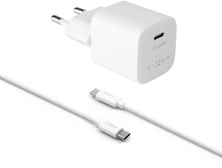 Karikues FIXED Mini, USB-C, PD, 20W, i bardhë + kabllo USB-C - USB-C, 1m, e bardhë - 1