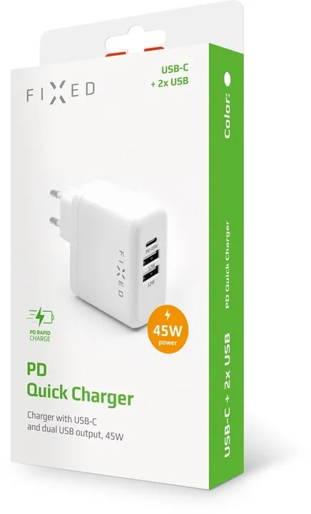 Karikues FIXED, USB-C, 2xUSB, PD, 45W, i bardhë - 3