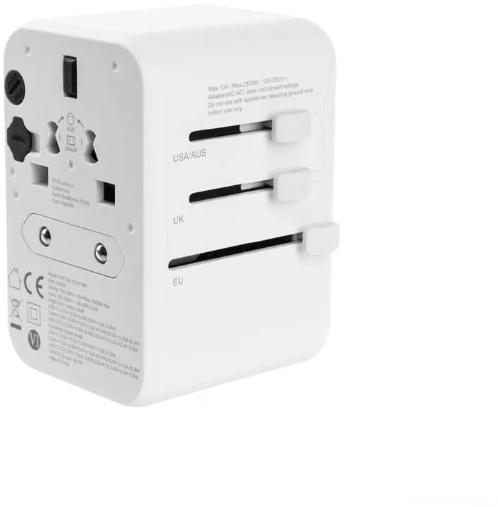 Përshtatës udhëtimi FIXED për EU, UK dhe USA/AUS, 3xUSB-C, 2xUSB-A, GaN, PD 65W, i bardhë - 3