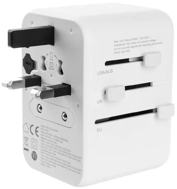 Përshtatës udhëtimi FIXED për EU, UK dhe USA/AUS, 3xUSB-C, 2xUSB-A, GaN, PD 65W, i bardhë - 5