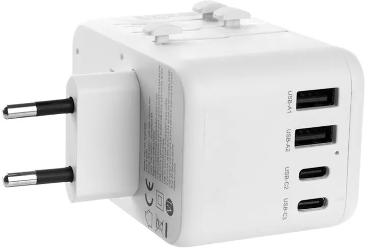 Përshtatës udhëtimi FIXED për EU, UK dhe USA/AUS, 3xUSB-C, 2xUSB-A, GaN, PD 65W, i bardhë - 7