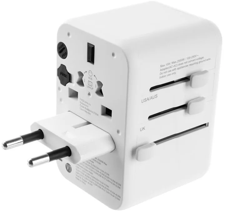 Përshtatës udhëtimi FIXED për EU, UK dhe USA/AUS, 3xUSB-C, 2xUSB-A, GaN, PD 65W, i bardhë - 8