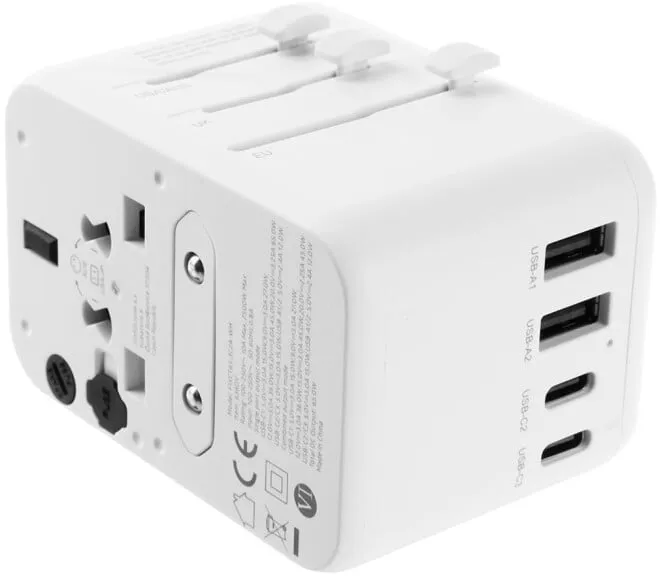 Përshtatës udhëtimi FIXED për EU, UK dhe USA/AUS, 3xUSB-C, 2xUSB-A, GaN, PD 65W, i bardhë - 9