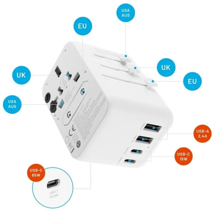 Përshtatës udhëtimi FIXED për EU, UK dhe USA/AUS, 3xUSB-C, 2xUSB-A, GaN, PD 65W, i bardhë - 10