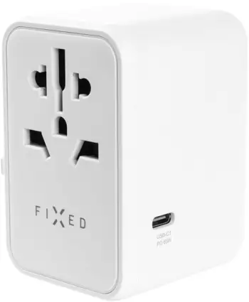 Përshtatës udhëtimi FIXED për EU, UK dhe USA/AUS, 3xUSB-C, 2xUSB-A, GaN, PD 65W, i bardhë