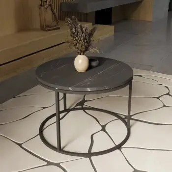 Tavolinë kafeje Drion, melaminë mermeri e zezë, metal i zi, D60x40cm