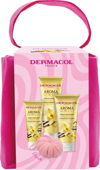 Set Dermacol Aroma Moment Bourbon Vanilla, xhel dushi, 250 ml + losion trupi, 200 ml + krem për duar, 100 ml + sfungjer