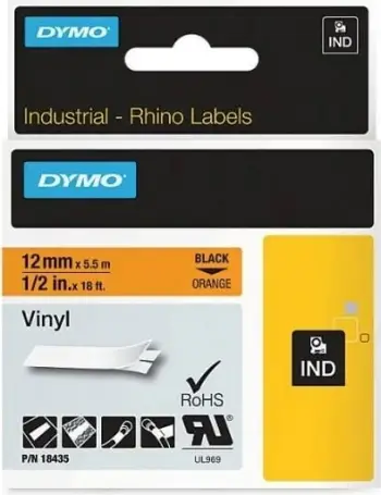 Shirit etiketime vinili DYMO 18435, 12mm x 5.5m, zi/portokalli