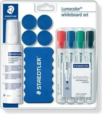Set markerash për whiteboard Staedtler Lumocolor, me lëng pastrues, me magnet, blu e bardhë - 1