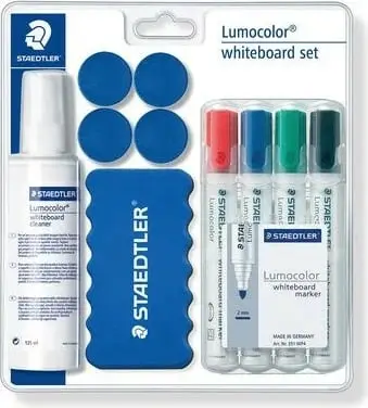 Set markerash për whiteboard Staedtler Lumocolor, me lëng pastrues, me magnet, blu e bardhë