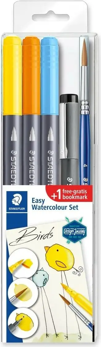 Set stilolapsa akuareli Staedtler Easy Watercolor Brush Pen Birds, 5 copë, me brushë dhe liner, shumëngjyrësh