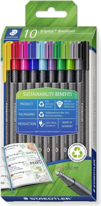Set lapsa fineliner Staedtler 334 RC10, 10 ngjyra të përziera, trup trekëndësh, plastikë e ricikluar